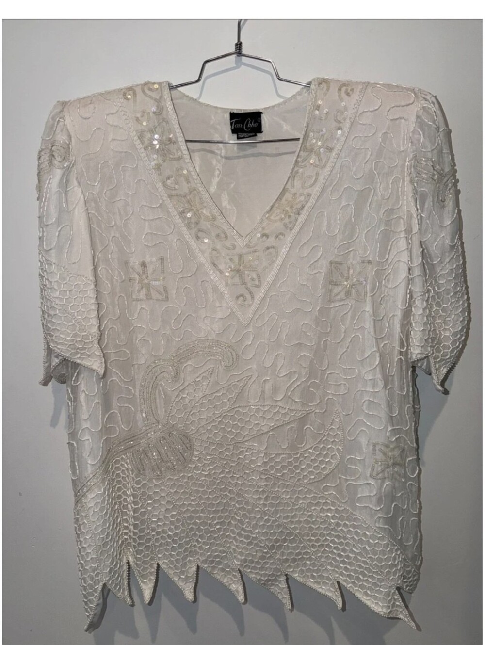 Vintage 80s Tan Chho Beaded Silk Skirt Set Ivory Zigzag Hem Evening Co-ord Sz L